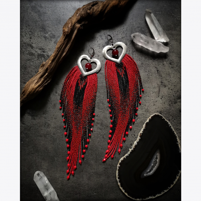 OOAK Long Fringe Earrings with Red Agates