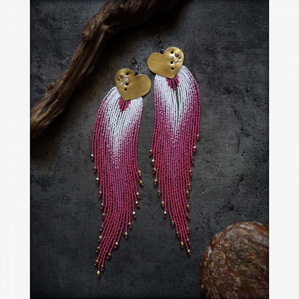 OOAK Heart Earrings with Pink Tourmaline and Rock Crystal