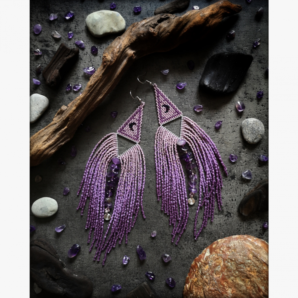 Crescent Beaded Fringe Earrings with Amethysts