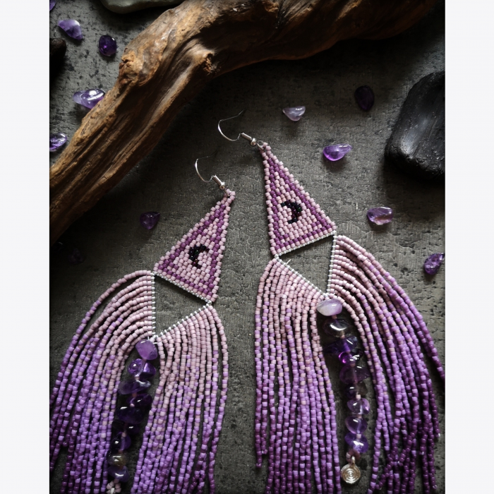 Crescent Beaded Fringe Earrings with Amethysts