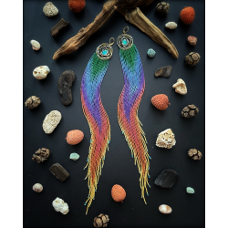 OOAK Extremely Long Sparkly Rainbow Ombre Earrings - Brass Nests with Aurora Opal and Himalayan Crystal - Handmade beaded fringe earrings