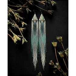 OOAK Exrta Long Beaded Fringe Earrings with Sedimentary Rock - Handmade beaded fringe earrings
