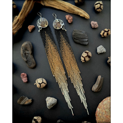 OOAK Extra Long Beaded Ombre Fringe Earrings with Ammonite - Handmade beaded fringe earrings