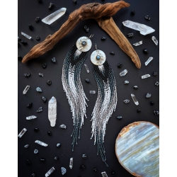 OOAK Long Fringed Earrings with Labradorites - Handmade beaded fringe earrings
