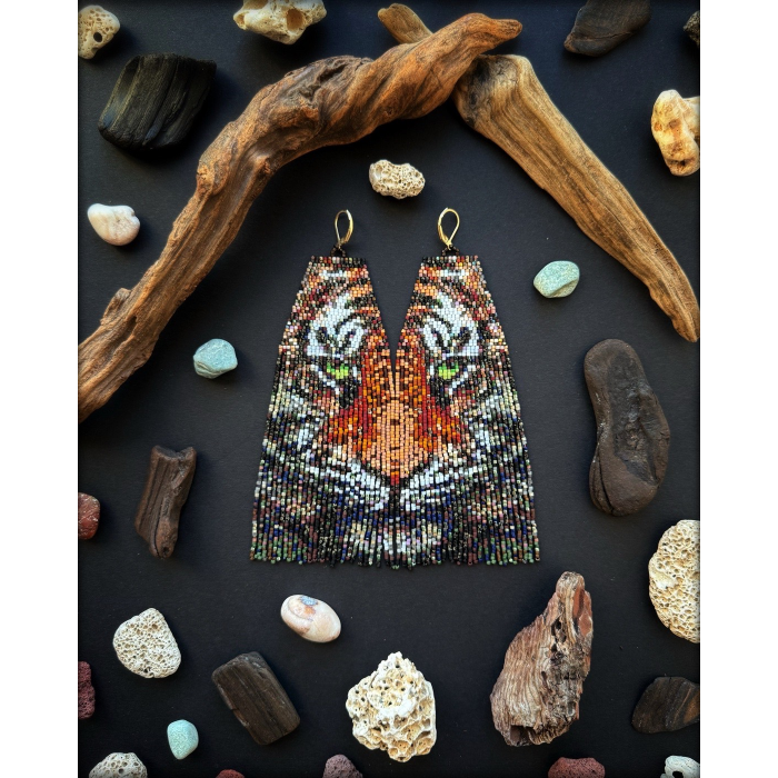 Tiger Face Beaded Fringe Earrings - Handmade beaded fringe earrings