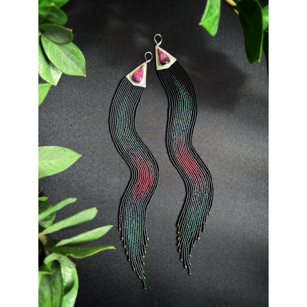 OOAK Extra Long Fringed Earrings with Rubies