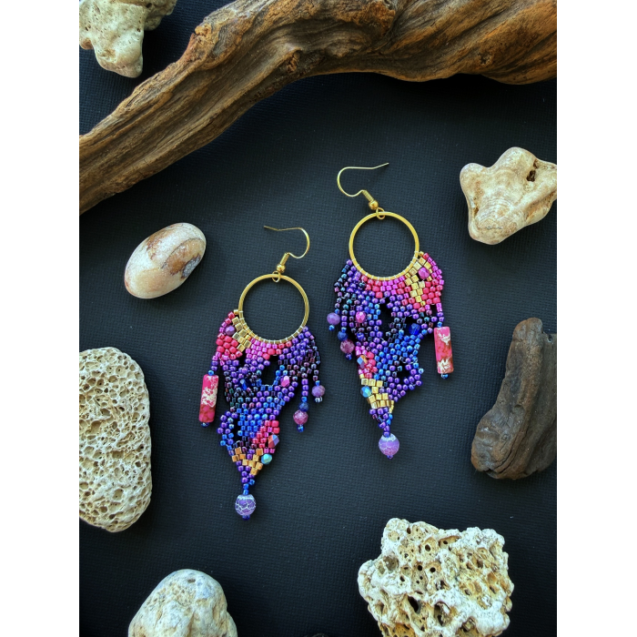 CORAL REEF Pink&Purple - Freeform Beaded Earrings - Handmade beaded fringe earrings
