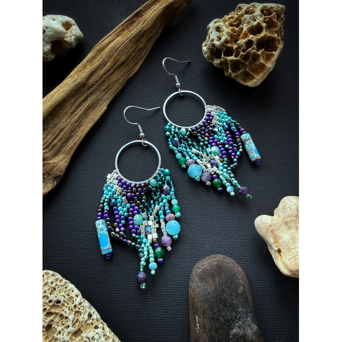 CORAL REEF Turquoise&Purple - Freeform Beaded Earrings - Handmade beaded fringe earrings