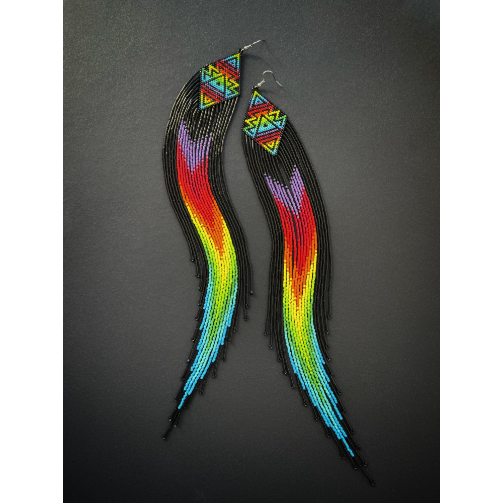 Extremely Long Rainbow Beaded Fringe Earrings