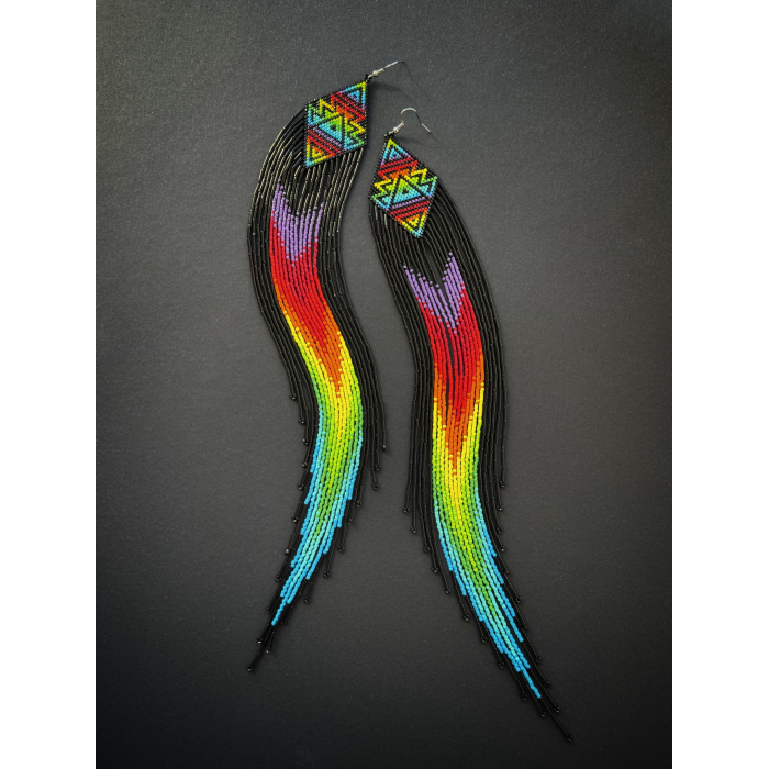 Extremely Long Rainbow Beaded Fringe Earrings - Handmade beaded fringe earrings