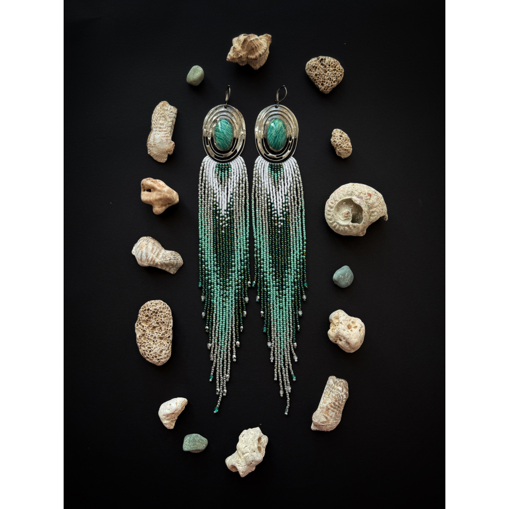 OOAK Beaded Fringed Earrings with Amazonite