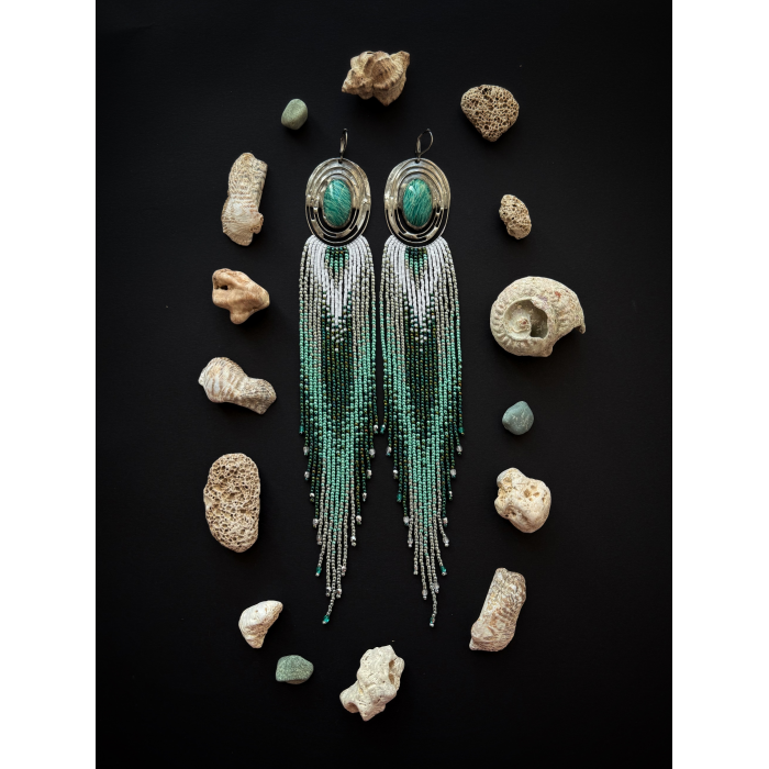 OOAK Beaded Fringed Earrings with Amazonite - Handmade beaded fringe earrings