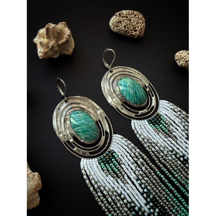 OOAK Beaded Fringed Earrings with Amazonite
