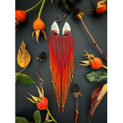FIERY WINGS - OOAK Beaded Fringe Earrings with Ceramic Cabochon - Handmade beaded fringe earrings