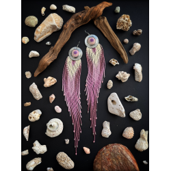 DUSTY PINK FRINGES - OOAK Beaded Fringe Earrings with Ceramic Cabochon - Handmade beaded fringe earrings