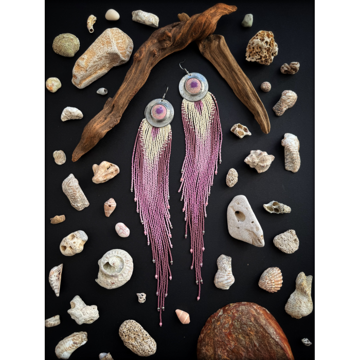 DUSTY PINK FRINGES - OOAK Beaded Fringe Earrings with Ceramic Cabochon - Handmade beaded fringe earrings