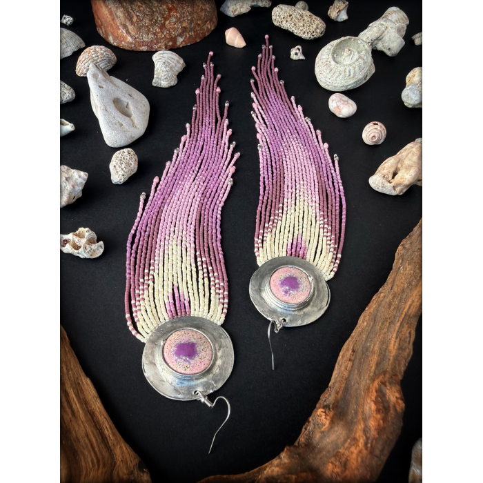 DUSTY PINK FRINGES - OOAK Beaded Fringe Earrings with Ceramic Cabochon