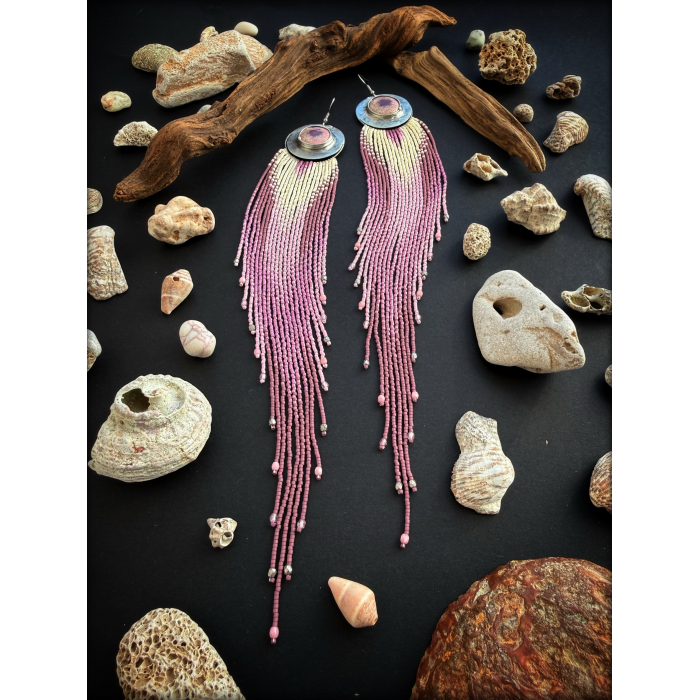 DUSTY PINK FRINGES - OOAK Beaded Fringe Earrings with Ceramic Cabochon