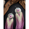 DUSTY PINK FRINGES - OOAK Beaded Fringe Earrings with Ceramic Cabochon - Handmade beaded fringe earrings