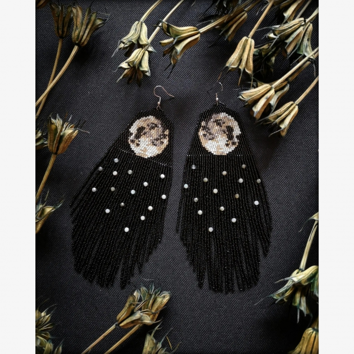 Full Moon Earrings with Labradorites - Handmade beaded fringe earrings