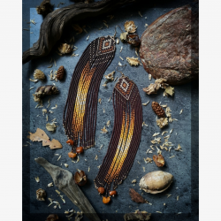 Long Beaded Ombre Earrings with Baltic Ambers - Handmade beaded fringe earrings