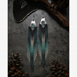 OOAK Long Fringe Earrings with Glass Cabochons - Handmade beaded fringe earrings