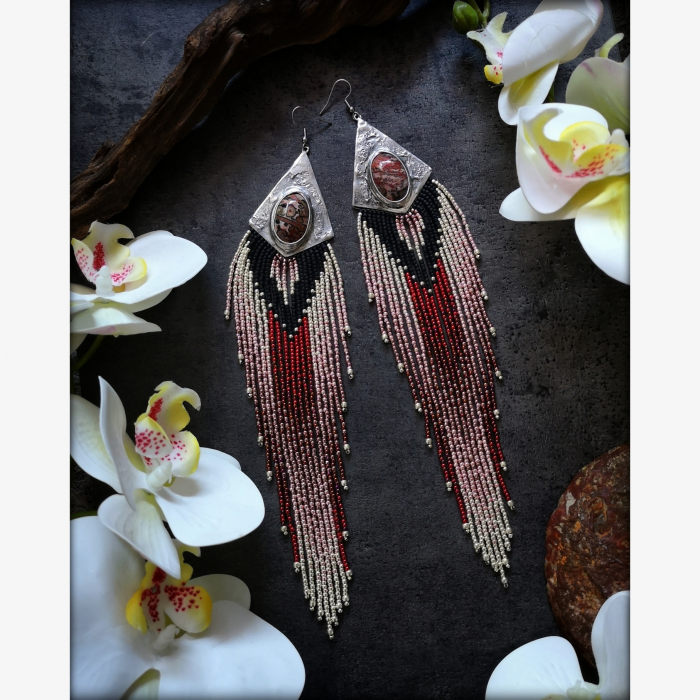 OOAK Long Fringe Earrings with Leopard Jaspers - Handmade beaded fringe earrings