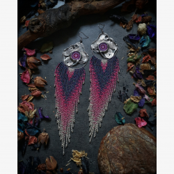 OOAK Flower Fringed Earrings with Solar Quartz - Handmade beaded fringe earrings