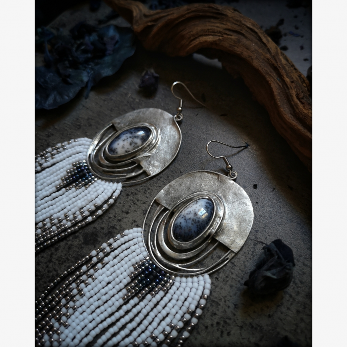OOAK Long Fringe Earrings with Moss Opal - Style 1