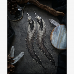 OOAK Extremely Long Fringe Earrings with Agates - Handmade beaded fringe earrings