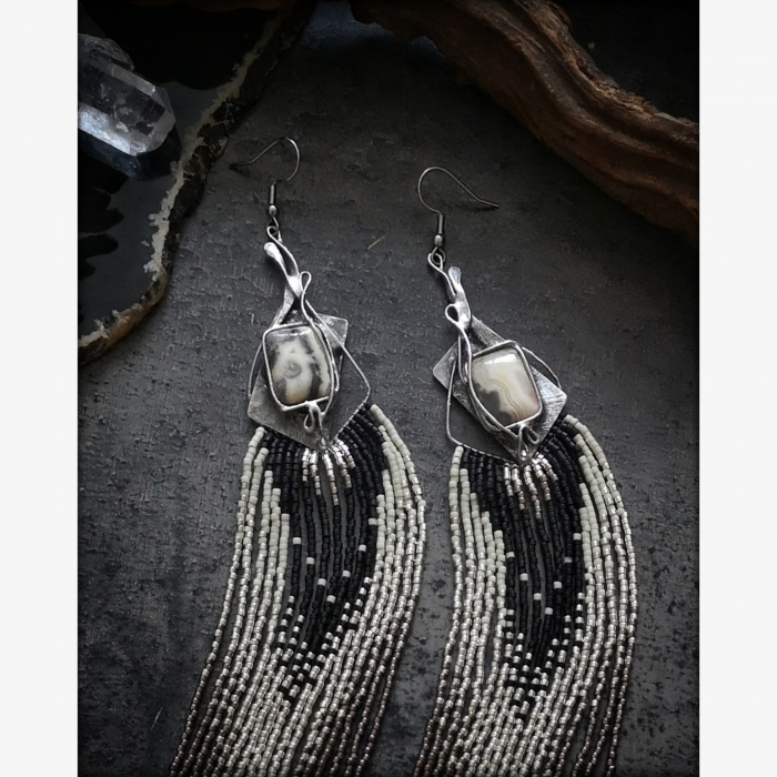 OOAK Extremely Long Fringe Earrings with Agates