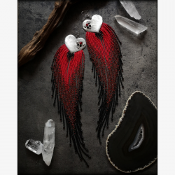 OOAK Long Fringe Earrings with Red Jades and Black Spinels - Handmade beaded fringe earrings