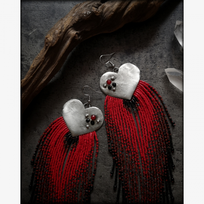 OOAK Long Fringe Earrings with Red Jades and Black Spinels