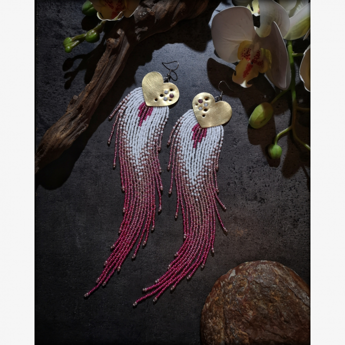 OOAK Long Fringe Earrings with Pink Tourmaline and Rock Crystal