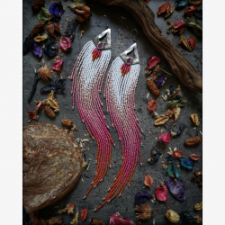 OOAK Long Fringe Earrings with Agates - Handmade beaded fringe earrings