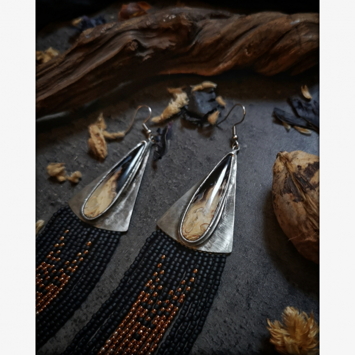 OOAK Extra Long Fringe Earrings with Fossilized Palm Root