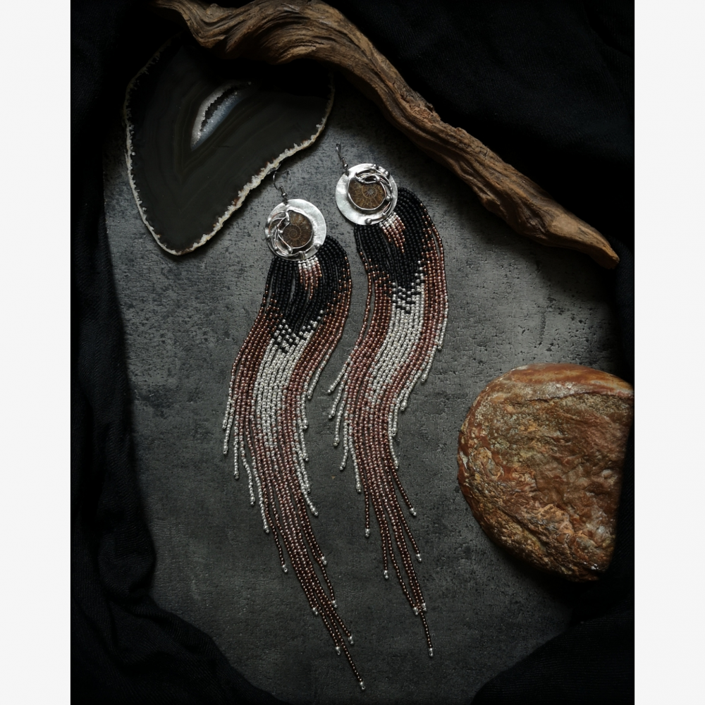 OOAK Extra Long Ombre Fringe Earrings with Ammonite