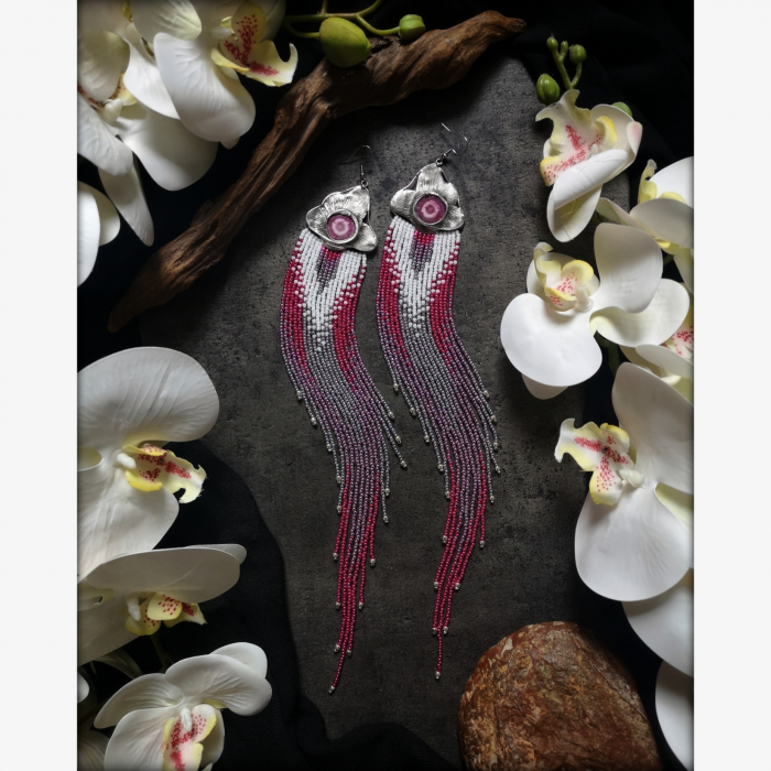 OOAK Extra Long Fringe Earrings with Solar Quartz - Handmade beaded fringe earrings