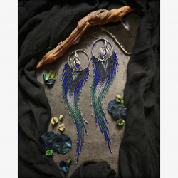 OOAK Peacock Feather Motif Extra Long Fringe Earrings with Dichroic Glass - Handmade beaded fringe earrings