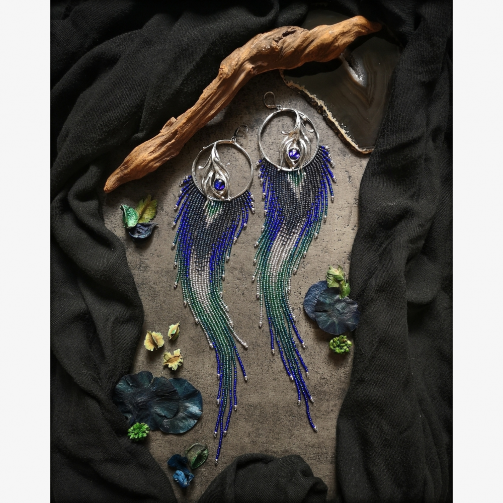 OOAK Peacock Feather Motif Extra Long Fringe Earrings with Dichroic Glass
