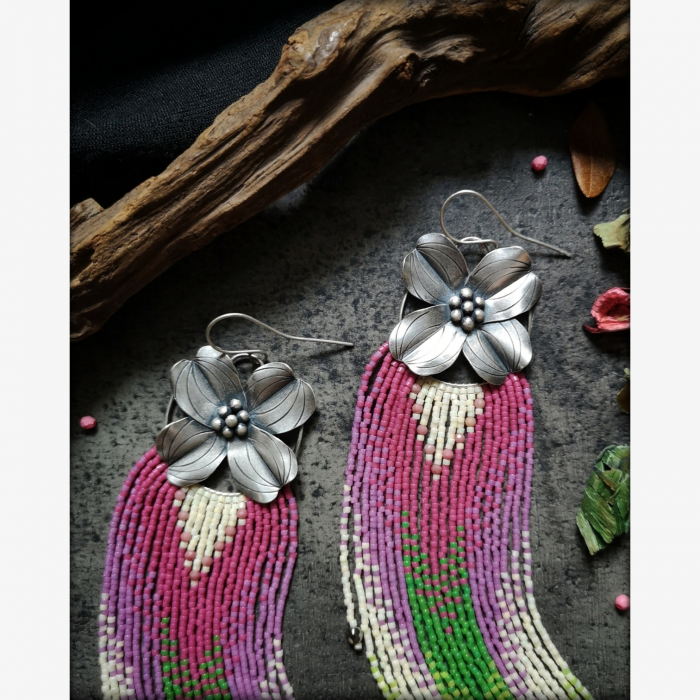 DOGWOOD BEAUTIES - OOAK Sterling Silver Dogwood Flower Earrings with Beaded Fringes and Rhodonites