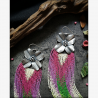 DOGWOOD BEAUTIES - OOAK Sterling Silver Dogwood Flower Earrings with Beaded Fringes and Rhodonites - Handmade beaded fringe earrings
