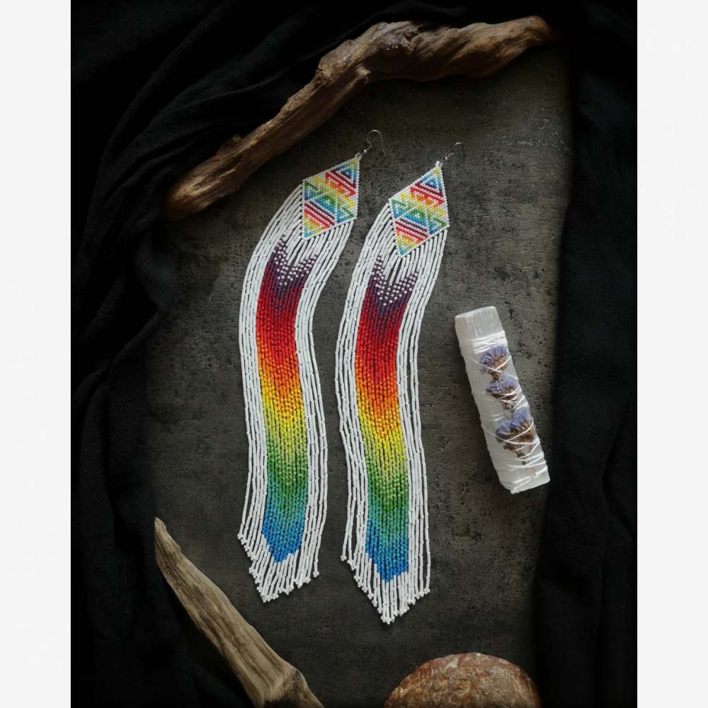 Extremely Long Rainbow Beaded Fringe Earrings