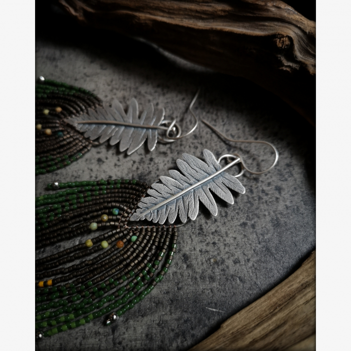 LICORICE FERN - OOAK Sterling Silver Fern Earrings with Beaded Fringes and Turquoises