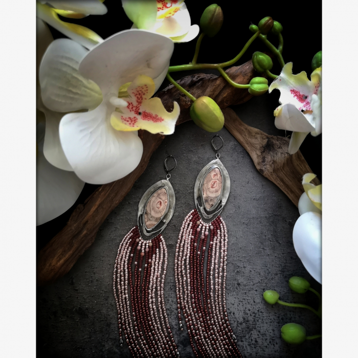 OOAK Beaded Fringe Earrings with Bird Eye Jaspers and Rhodonites