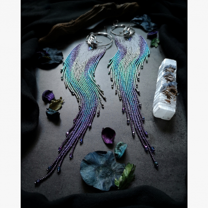 OOAK Peacock Feather Motif Extra Long Fringe Earrings with Moonstones