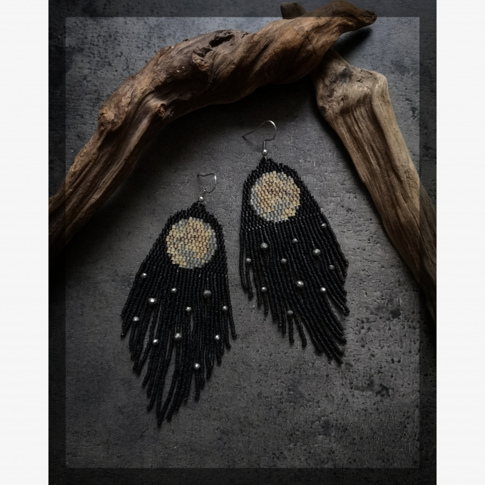 Mini Full Moon Earrings with Pyrites - Handmade beaded fringe earrings