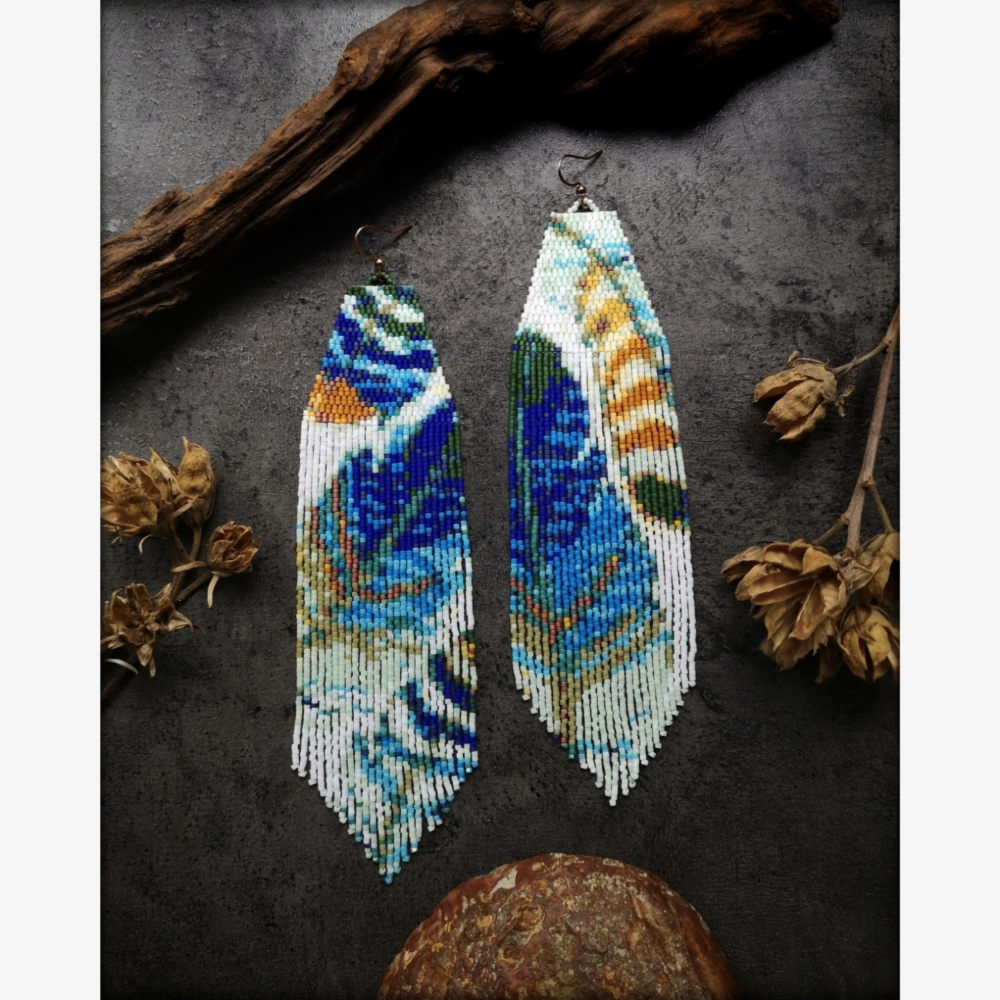 Mismatched Feather Motif Beaded Fringe Earrings